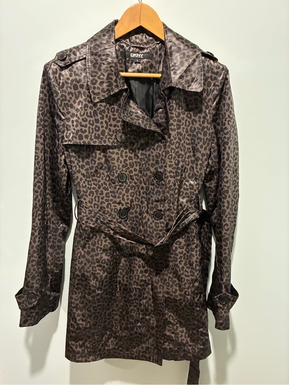 DKNY Women's Brown Leopard Print Trench Coat Size Large